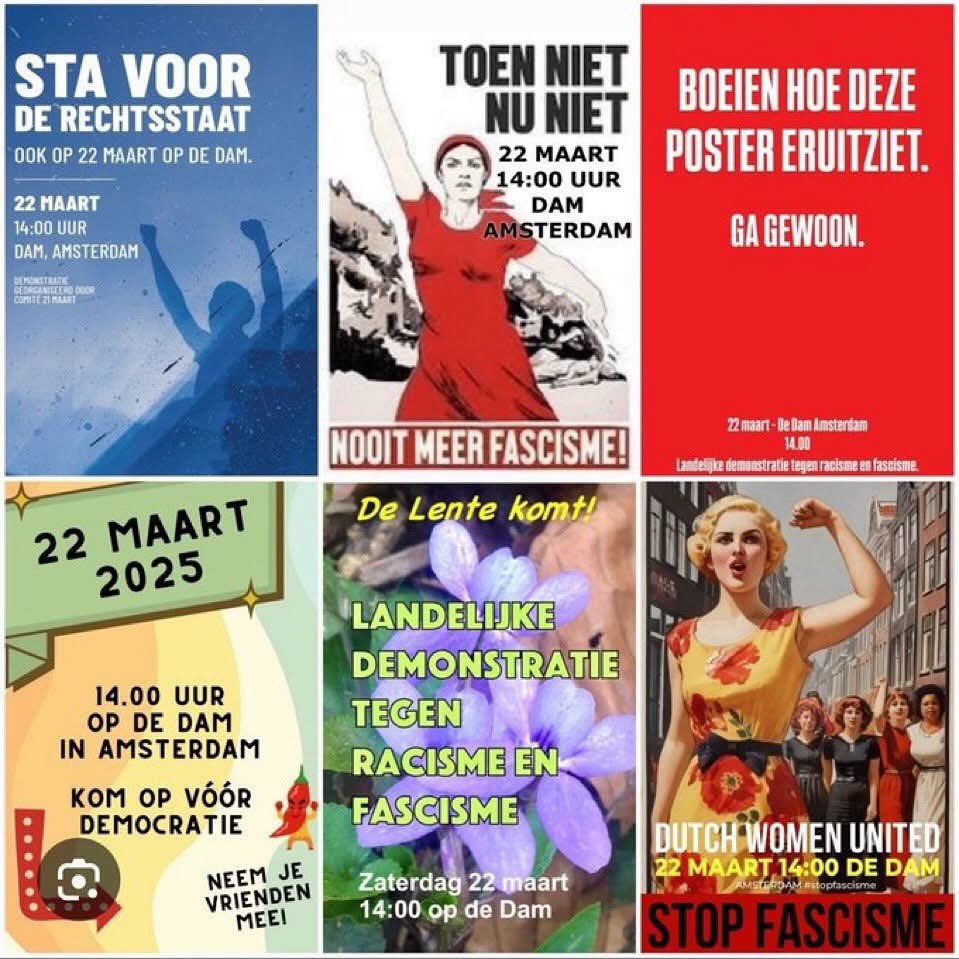 TOEN NIET. NU NIET. NOOIT.
Op 22 maart staan we op.Tegen racisme.Tegen fascisme.

Of je nou komt voor rechtsstaat, voor democratie, voor solidariteit of gewoon omdat je voelt:dit is het moment kom.We hebben elkaar nodig. Juist nu

Vandaag 14 uur De Dam, A’Dam. Laat je stem horen!