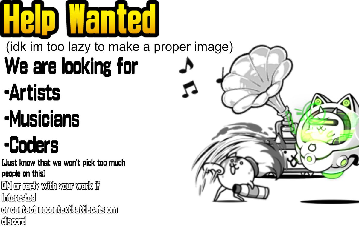 NCFCFNF's tweet photo. Help Wanted

ok so some people left the mod so we got a bit of free slots
we're not like urgent of getting ppl but I just wanna give some more talented people a chance to shine
#fnf #fnfmods #fridaynightfunkin #battlecats #thebattlecats https://t.co/23F4ZLwEO5