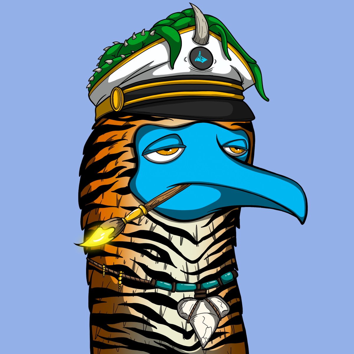 theboobiesnft's tweet photo. I am the Captain now! 

This boobies is very calm and reserved, but don't let that fool you, he is a renowned Captain of the Solana Seas, vanquishing Sea Monsters, and wearing them as trophies. 

This Boobies Highlights the following trait upgrades

Captain Hat (SeaMonster)
Relaxed Eyes
Tiger Feathers
Paint Brush (Gold)
Shark Tooth Necklace