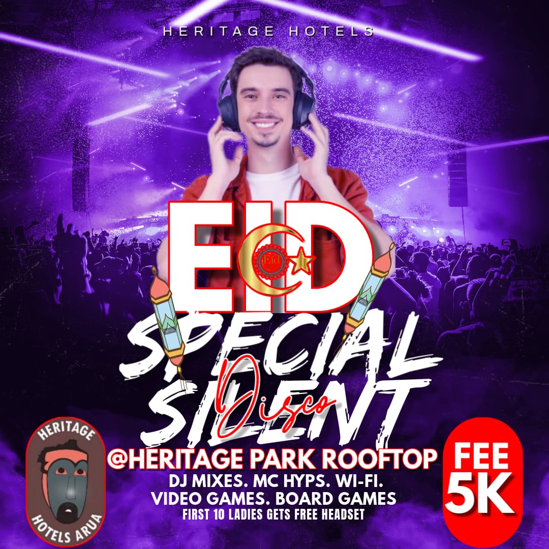 Eid Day <a href="/HeritageHotels/">HERITAGE HOTELS ARUA</a> Heritage Park Rooftop. Eid Silent Disco Special Edition. <a href="/9Arua/">ACCESS 96.3 FM ARUA CITY RADIO</a> <a href="/RotaractAruaUg/">Rotaract_Club_Of_Arua.</a> <a href="/aruaonefmug/">88.7 Arua One FM</a> <a href="/ASPA_Online/">Arua City Sports Press Association</a> <a href="/AruaCityUg/">Arua City Council</a> <a href="/nbstv/">NBS Television</a> <a href="/newvisionwire/">The New Vision</a> <a href="/CanaryMugume/">Canary Mugume</a> <a href="/SpireJim/">Jim Spire Ssentongo</a> <a href="/DJCandyArua/">DJ Candy Arua ( DEEJAY CANDY ARUA )</a> <a href="/AseaOliver/">Oliviah UG</a>