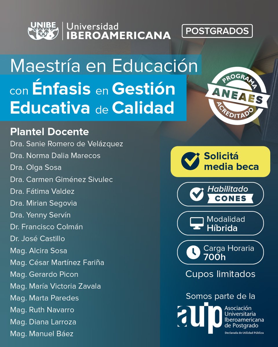 Estudiá la Maestría en Educación con Énfasis en Gestión Educativa de Calidad en la #UNIBE

 Modalidad: Híbrida 
 Carga horaria: 700 horas h 

 Para más información: 
 Línea alta: 021 328 0284 | 328 0285 
 WhatsApp: 0986 100 653
