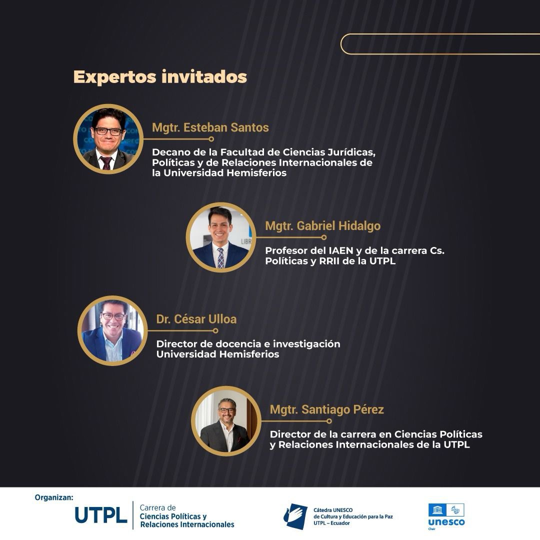 📢 ¡Quito, atentos! Este miércoles 26 de marzo, analizamos la coyuntura política nacional, las elecciones y el futuro de la democracia 🇪🇨 con un panel de expertos de primer nivel: <a href="/ghidalgoandrade/">Gabriel Hidalgo Andrade</a> <a href="/estebansantosl/">Esteban Santos L.</a> <a href="/cesarulloa_77/">César Ulloa-Tapia</a>.

📍 Torres Tenerife, <a href="/utpl/">🎓 UTPL</a> Quito (Av. 6 de