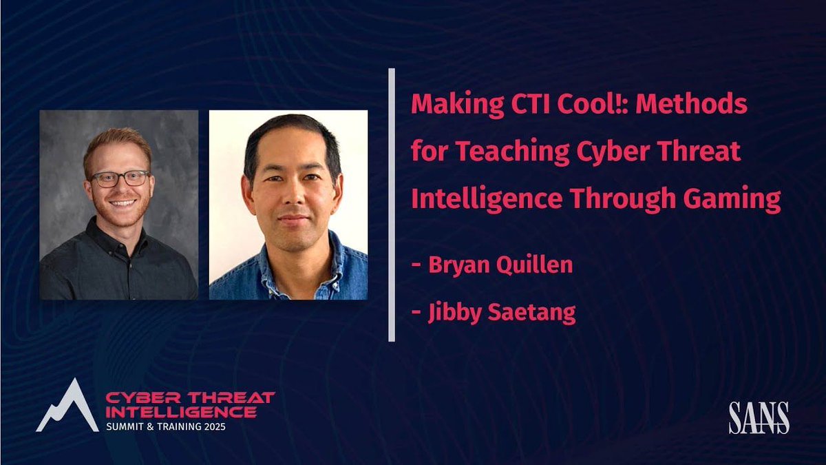 Adam Goss (@gossy_84) on Twitter photo 🧑🏫 How to Teach CTI Better
Cyber threat intelligence (CTI) can be a difficult topic to teach. It requires extensive background knowledge, reading long threat reports, and studying countless models and frameworks.
🎯 In this talk, <a href="/MrQuillen/">Bryan Quillen</a> and Jibby Saetang will share their 🧑🏫 How to Teach CTI Better
Cyber threat intelligence (CTI) can be a difficult topic to teach. It requires extensive background knowledge, reading long threat reports, and studying countless models and frameworks.
🎯 In this talk, <a href="/MrQuillen/">Bryan Quillen</a> and Jibby Saetang will share their