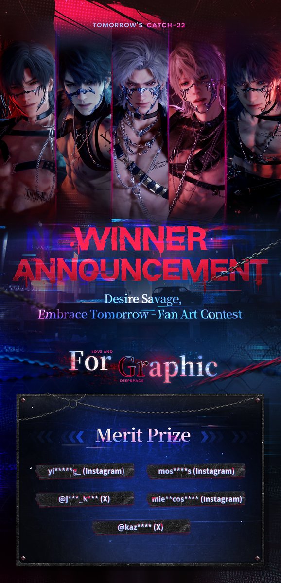 Love_Deepspace's tweet photo. Dear Deepspace Hunters,

Thank you all for your amazing submissions to Love and Deepspace | Desire Savage, Embrace Tomorrow Fan Art Contest.

Below is the list of winners. We will contact the winners through the email addresses you provided in the submission forms with our official email. Please remember to check out your mailbox! 😊