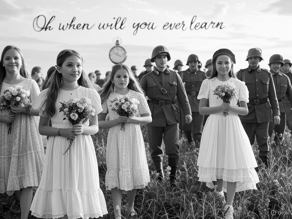 fodeve's tweet image. Where have all the flowers gone
Long time passing
Where have all the flowers gone
Long time ago

Where have all the flowers gone
The girls have picked them every one
Oh when will you ever learn
Oh when will you ever learn

Where have all the young girls gone
Long time passing…