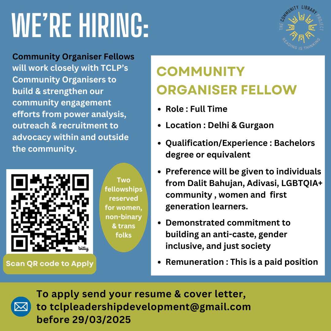 📌JOIN THE TEAM!
The Community Library Project is looking for : 
- Community Organiser Fellows

🔗 CLICK here bit.ly/3X6YS0M or SCAN the QR code for detailed job description and to apply!
➡️ By March 29th