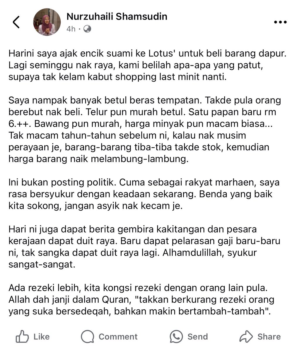 Zaman MahalDahNi tapi harga barang asas terkawal biarpun perayaan

Terlebih dari cukup. Melebih-lebih. Kecuali yg ambil gambar brg habis tak kasi can staf <a href="/MydinMalaysia/">MYDIN</a> restock