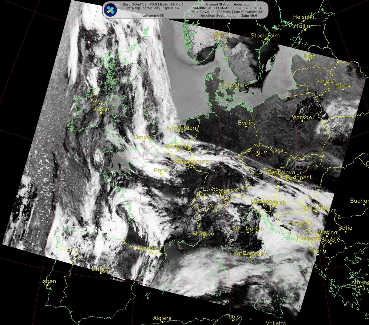 Ground Station: Dietesheim
Satellite: METEOR-M2 3 | 22-03-2025 10:43
Max Elevation: 78° West | Sun Elevation: 33°
Direction: Southbound | | Gain: 49.6
