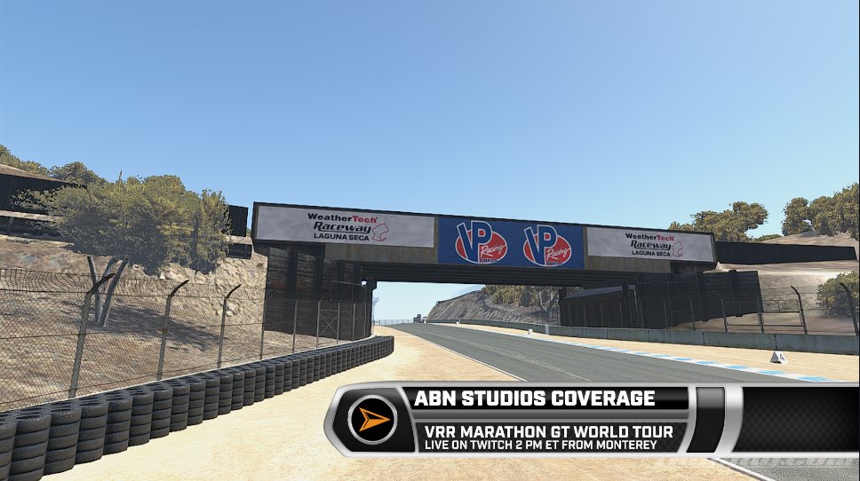 Race day #4 is here, and it's clear skies in our slice of California today.

The Marathon GT World Tour goes green at Laguna Seca at 2 pm ET/11 am PT with <a href="/ABN_Studios/">ABN Studios</a> on Twitch. The last race before Spring Break, let the sparks fly and the party commence!

#VRRGTTour