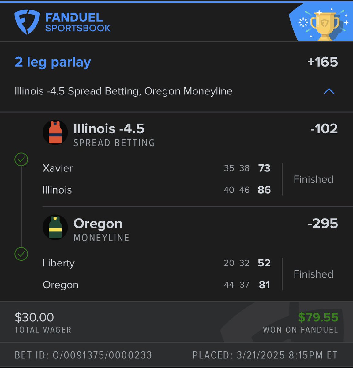 Another 2-leg parlay CASHED

Illinois -4.5 ✅
Oregon ML ✅

💰 $30 ➝ $79.55

Stacking smart plays, not chasing long shots.

Just $10/month to join the squad.
Limited spots left — don’t miss out.

Winible.com/groklocks