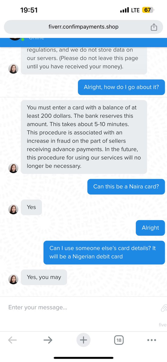 _jenniferU's tweet photo. @fiverr I got an order from a client last week, afterwards I got redirected to a website conversing with your customer care and she said I should send my card details that has at least $200 in it, she said it’ll get reversed after some minutes. Is this true? https://t.co/iHZykGXlJk