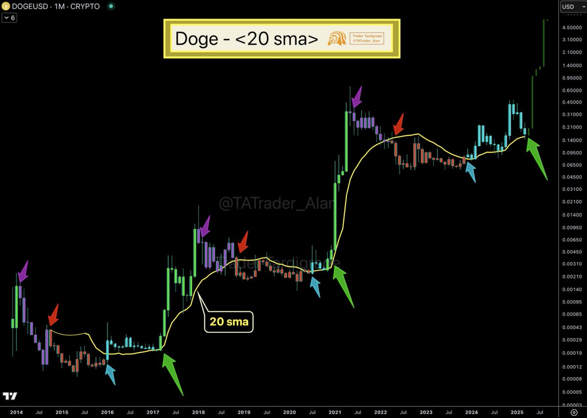#Dogecoin's 20 SMA highlights various phases in $DOGE's history 🔥