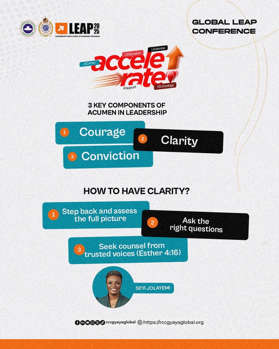 rccgyayaglobal's tweet photo. SDJ delivered profound insights on the Acumen Advantage. She expertly broke down the three key components of leadership acumen: Courage, Clarity&amp; Conviction.

It was truly an eye-opening session!
Here are some key takeaways.

#Accelerate #RCCGYAYA #RCCGYAYAGlobal  #LEAPConference https://t.co/8yn9q78XBk