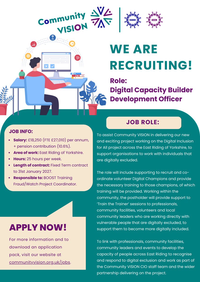 💼📣 We are recruiting! 

🫵 We are looking for a Digital Capacity Builder Development Officer to join us on our new Digital Inclusion for All project within #EastRiding.

🌐Find out more and apply on our website at communityvision.org.uk/jobs/.