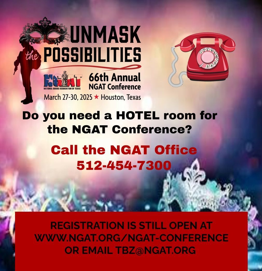 Ntl Guard Assn TX (@ngatx) on Twitter photo Need somewhere to lay your head at the end of the day during the NGAT Conference? Call the NGAT office at 512-454-7300 or send a email to tbz@ngat.org about getting a hotel room at the NGAT Conference rate. The Conference is almost here. What are you waiting for. Need somewhere to lay your head at the end of the day during the NGAT Conference? Call the NGAT office at 512-454-7300 or send a email to tbz@ngat.org about getting a hotel room at the NGAT Conference rate. The Conference is almost here. What are you waiting for.