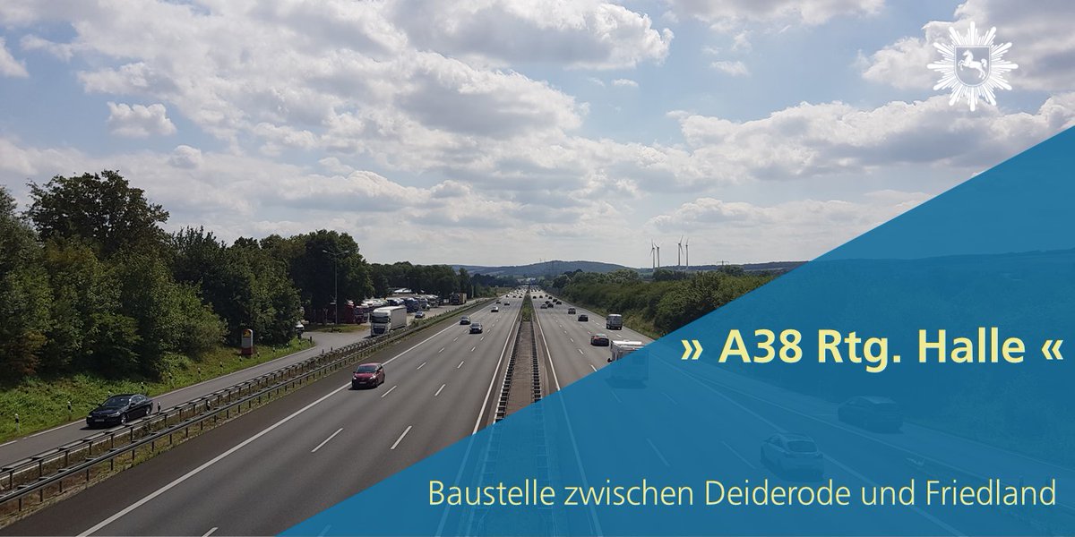 ⚠️ Baustelle #A38 Fahrtrichtung #Halle zwischen den AS #Deiderode und #Friedland 
📆 von Freitag, 21.03.25 bis Freitag, 13.06.25

➡️ Im o.g. Zeitraum ist die A38 Richtung Halle nur einspurig befahrbar. Es finden Umbaumaßnahmen im Zuge des dortigen Parkplatzneubaus statt.