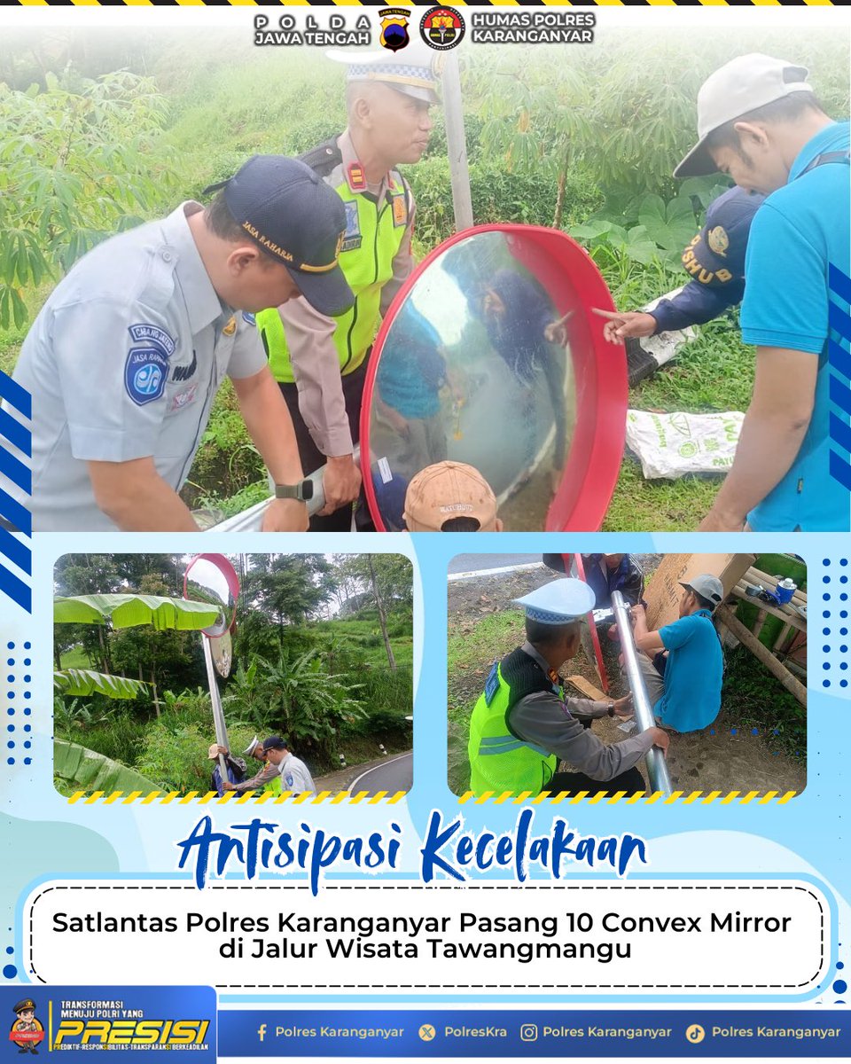 Satuan Lalu Lintas (Satlantas) Polres Karanganyar melakukan langkah preventif untuk meningkatkan keselamatan pengguna jalan di kawasan wisata Tawangmangu. Salah satu upaya yang dilakukan adalah pemasangan Convex Mirror (Cermin Cembung) di sepanjang jalur rawan kecelakaan. (22/3)