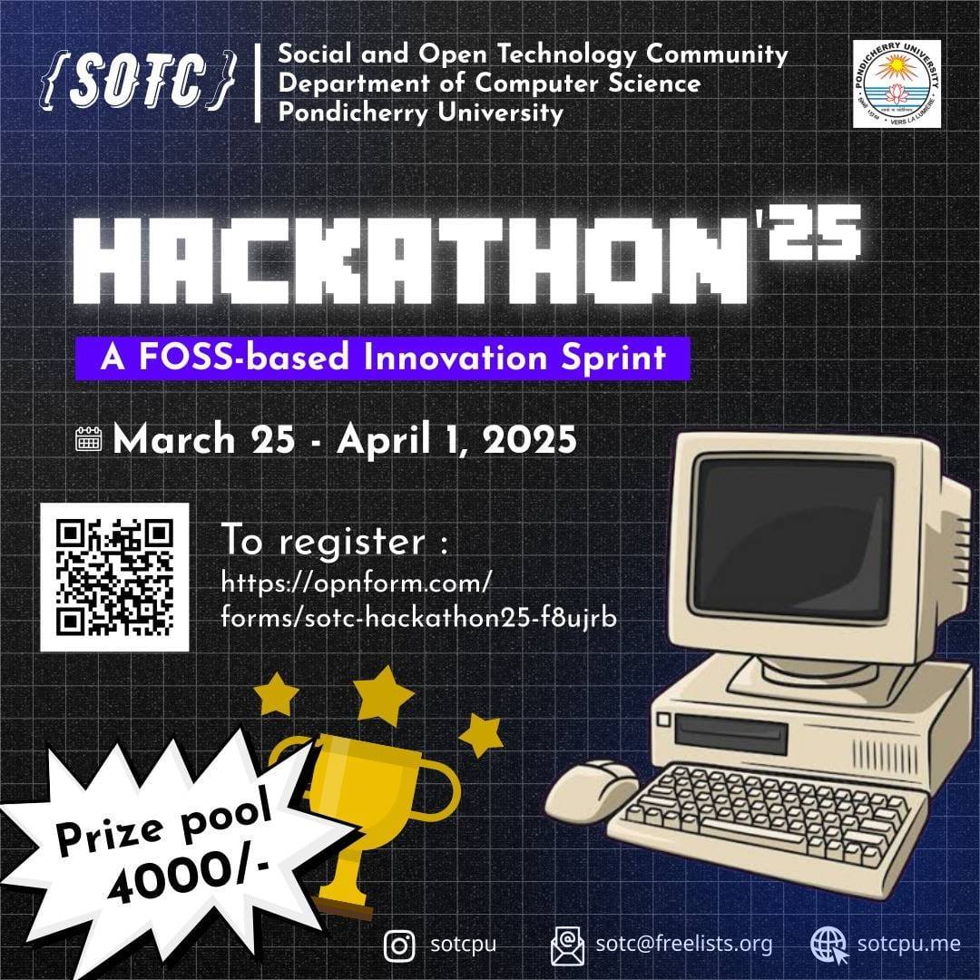 fshmpy's tweet photo. #SOTC is conducting a #hackathon at #PondicherryUniversity in collaboration with CSE Dept, PU.
#SOTC #FSHM #FSHMPY #Pondicherry https://t.co/lgA0kWk09n