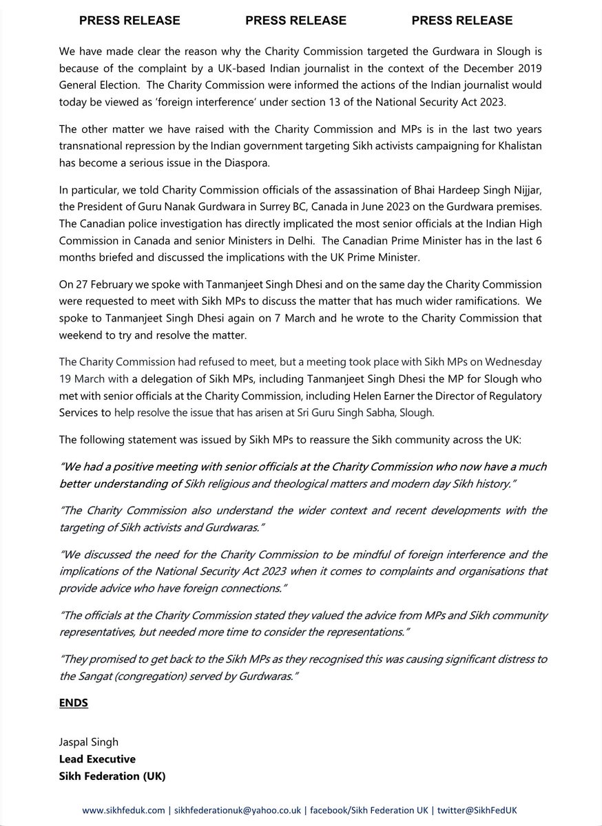 Sikh Federation (UK) (@sikhfeduk) on Twitter photo Update on the “Khalistan” plaques issue at Sri Guru Singh Sabha, Slough as Charity Commission accused of interfering and unfairly targeting Gurdwara in Slough after complaint by Indian journalist
See <a href="/SikhFedUK/">Sikh Federation (UK)</a> press release, including quote from Sikh MPs who met the Update on the “Khalistan” plaques issue at Sri Guru Singh Sabha, Slough as Charity Commission accused of interfering and unfairly targeting Gurdwara in Slough after complaint by Indian journalist
See <a href="/SikhFedUK/">Sikh Federation (UK)</a> press release, including quote from Sikh MPs who met the