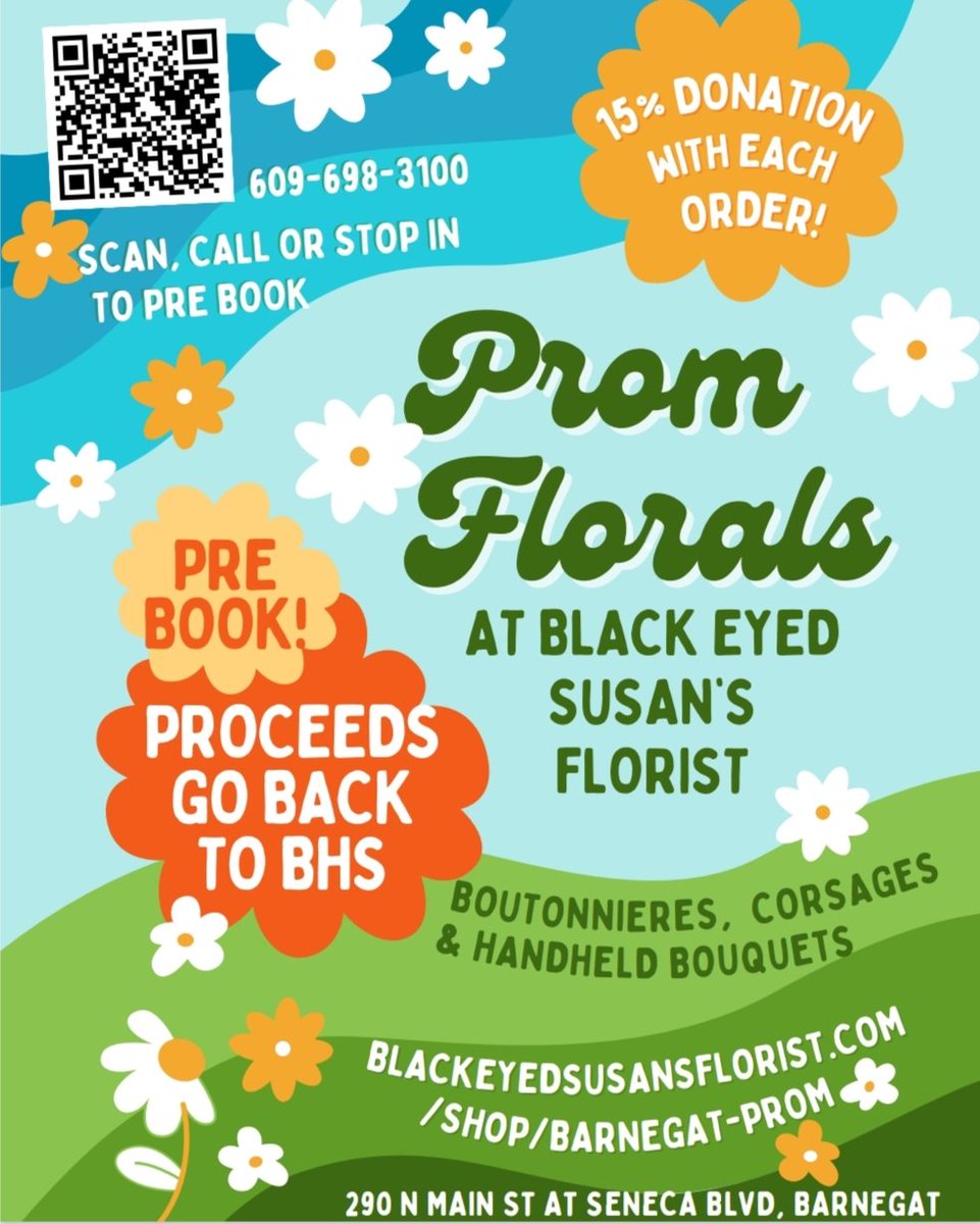 Please consider ordering prom florals from Black Eyed Susan's. Not only are you helping to support a local, small business, but the BHS Class of 2026 will generously be given 15% of prom sales! <a href="/Barnegat_HS/">Barnegat High School</a>
