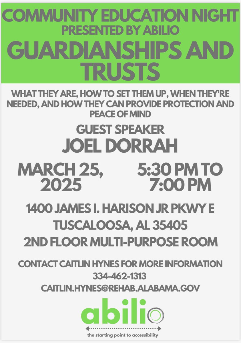 This event will be hosted by Abilio at our Tuscaloosa Vocational Rehabilitation Service office. If you are in the Tuscaloosa area and want to learn more about guardianships or trusts, contact Caitlin to reserve a spot! #ADRSfamily