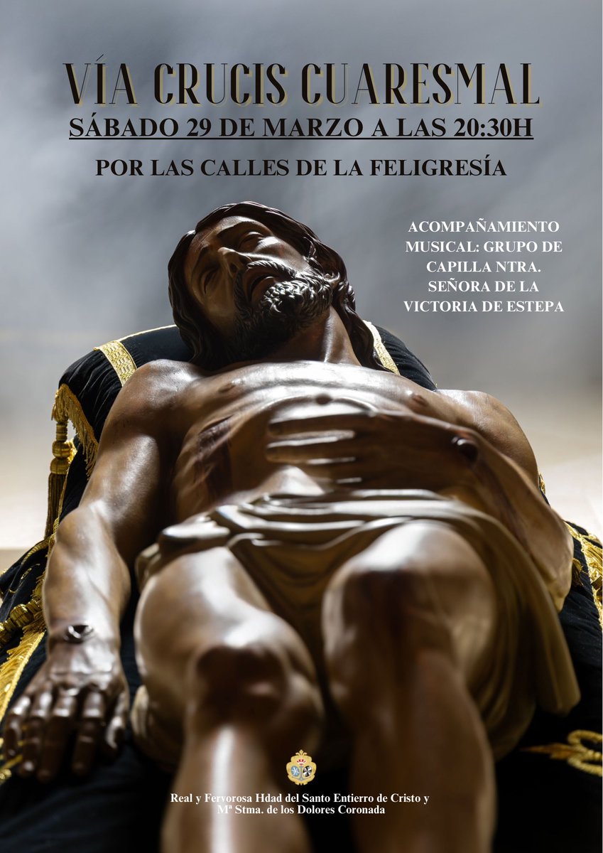 𝐕𝐈́𝐀 𝐂𝐑𝐔𝐂𝐈𝐒 𝐂𝐔𝐀𝐑𝐄𝐒𝐌𝐀𝐋

El próximo sábado, 29 de marzo, a las 20:30h de la tarde, tendrá lugar el Vía Crucis Cuaresmal de nuestra Hermandad. La Sagrada Imagen de Cristo Yacente recorrerá las calles de la feligresía.