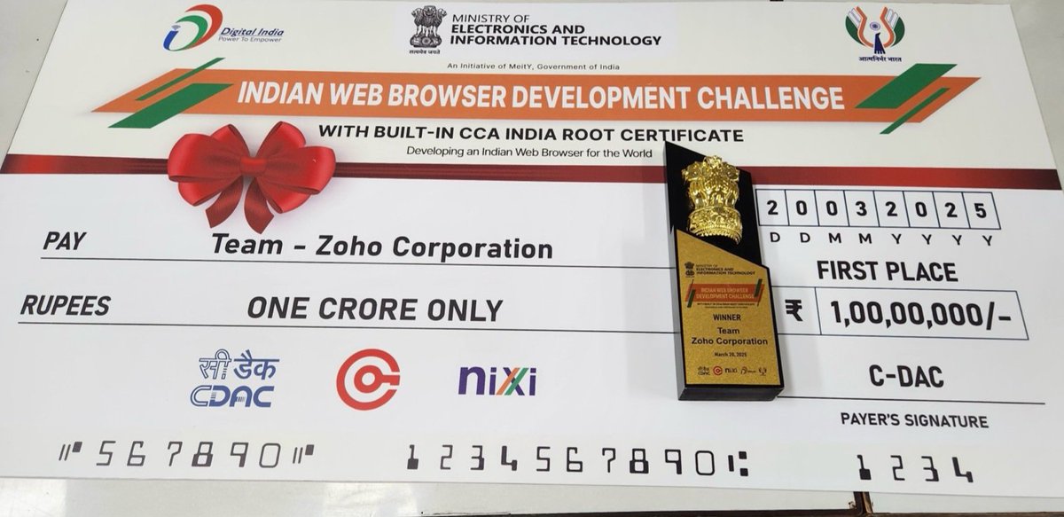 #Zoho emerged as the winner!  
A homegrown web browser is crucial for data security and sovereignty, ensuring that Indian user data remains within the country. The central government announced the winners of the Indian Web Browser Development Challenge <a href="/svembu/">Sridhar Vembu</a> <a href="/narendramodi/">Narendra Modi</a>