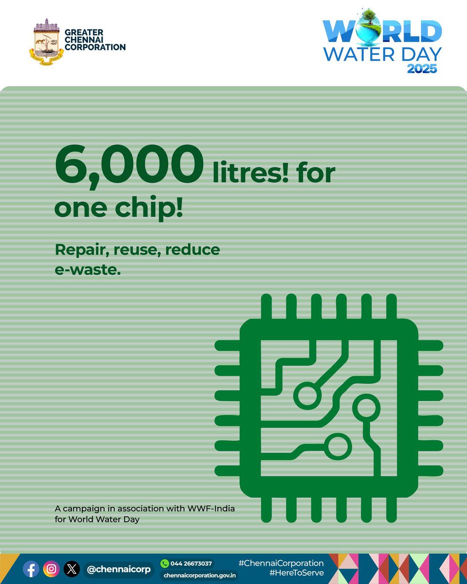 chennaicorp's tweet photo. வணக்கம் #Chennaiites👋
A tiny microchip needs a massive 16000 litres of water during production! Extend your devices' life and use them wisely .
#BeWaterWise | #EarthHour2025 | #WWFIndia |#SwitchOff | #BiggestHourForEarth | #LiveGreenLoveBlue | #PasumaiChennai | #GreenChennai #ChennaiCorporation | #HereToServe