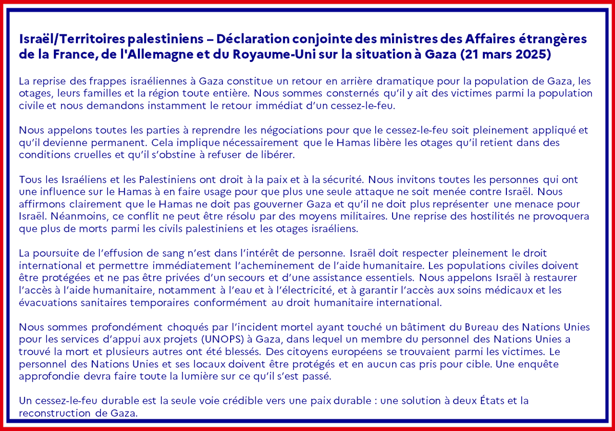 #Israël/#TerritoiresPalestiniens
La reprise des frappes israéliennes à Gaza constitue une régression dramatique pour la population de Gaza, les otages, leurs familles et la région toute entière.

➡️ fdip.fr/eRA7vQmd