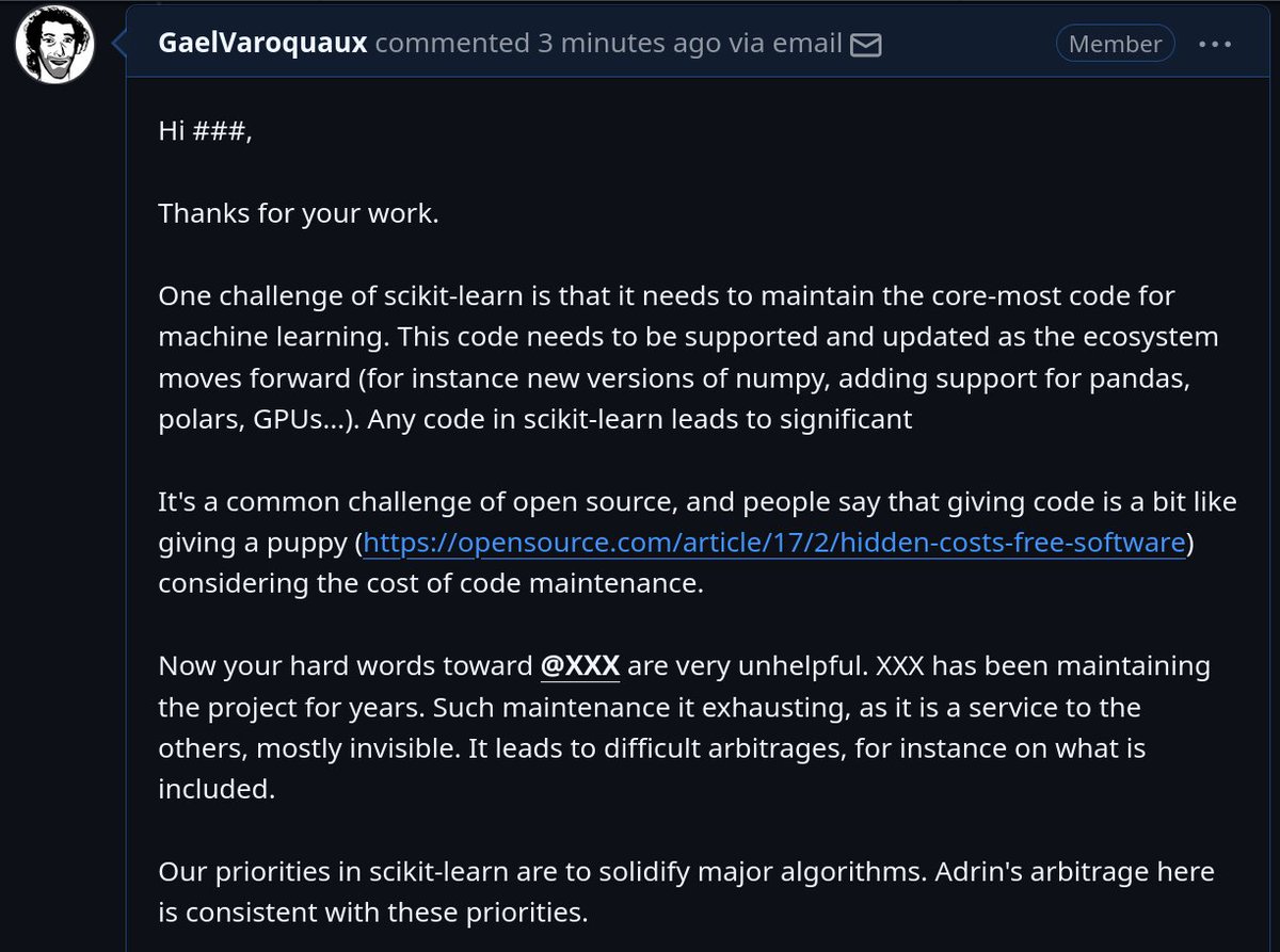 Open source is draining.

One's todo-list is open to world.

People seldom realize the cost of what they get for free.

Unpleasant comments do happen.

Cost of maintenance is not understood.
opensource.com/article/17/2/h…