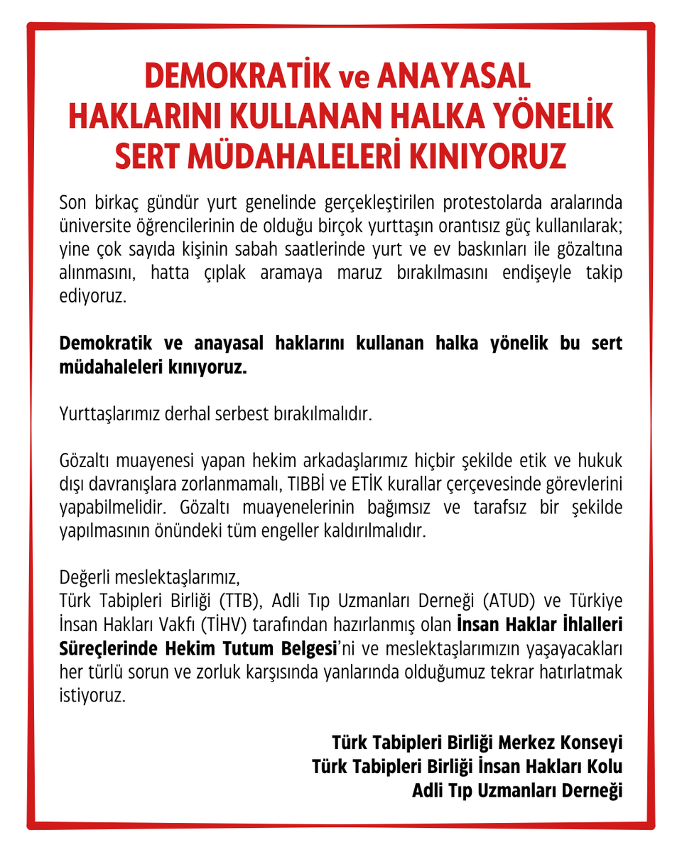 Demokratik ve Anayasal Haklarını Kullanan Halka Yönelik Sert Müdahaleleri Kınıyoruz

👇
ttb.org.tr/345ykti