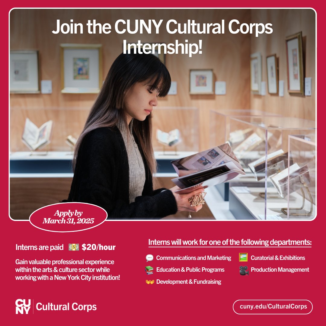 CUNYArts's tweet photo. .#PAIDInternship Alert! CUNY Cultural Corps applications are open for the Fall 2025 semester, which provides students with paid internships across NYC's arts and cultural institutions. 

➡️ Deadline to apply is March 31
🔗 Go to https://t.co/2P2ooBD9pl https://t.co/oxFYZE3txy