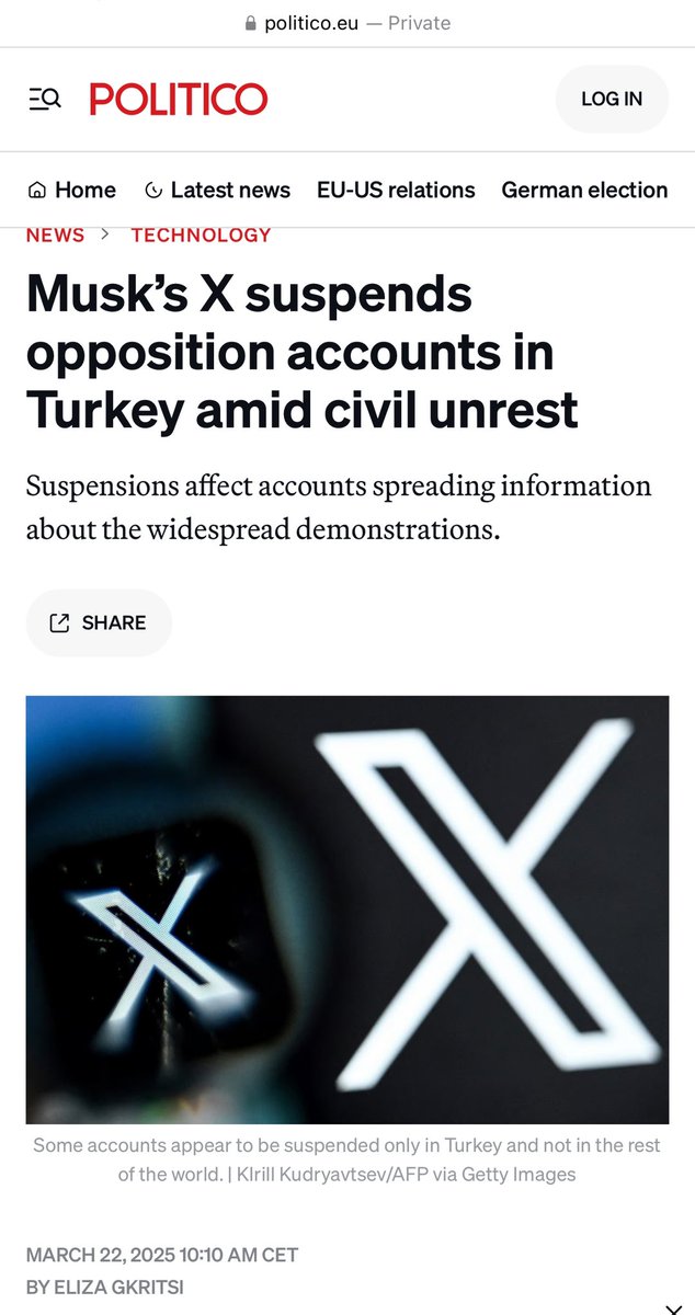 <a href="/elonmusk/">Elon Musk</a> <a href="/RadioFreeTom/">Tom Nichols</a> <a href="/DOGE/">Department of Government Efficiency</a> <a href="/X/">X</a> Once again, <a href="/X/">X</a> suspended accounts belonging to opposition figures in Turkey.

He champions the speech of those he agrees with, not all of humanity.