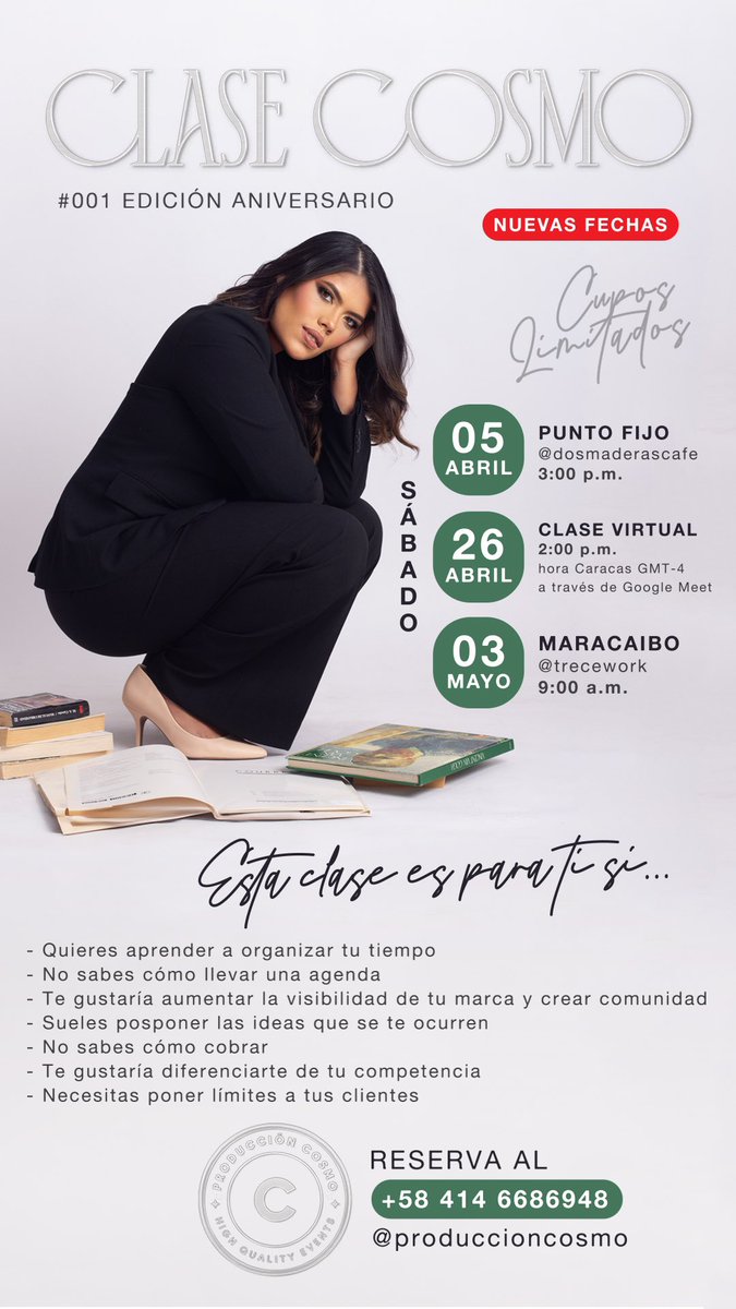 Amigos de X! 

Voy a dictar mi clase aniversario que fue un éxito ahora en Punto Fijo y POR PRIMERA VEZ en Maracaibo, además me estreno también con una clase virtual. Así vamos cerrando este mes Cosmo! Ayúdenme a compartir por favor 🥺

Cupos limitados para las 3 fechas 📌