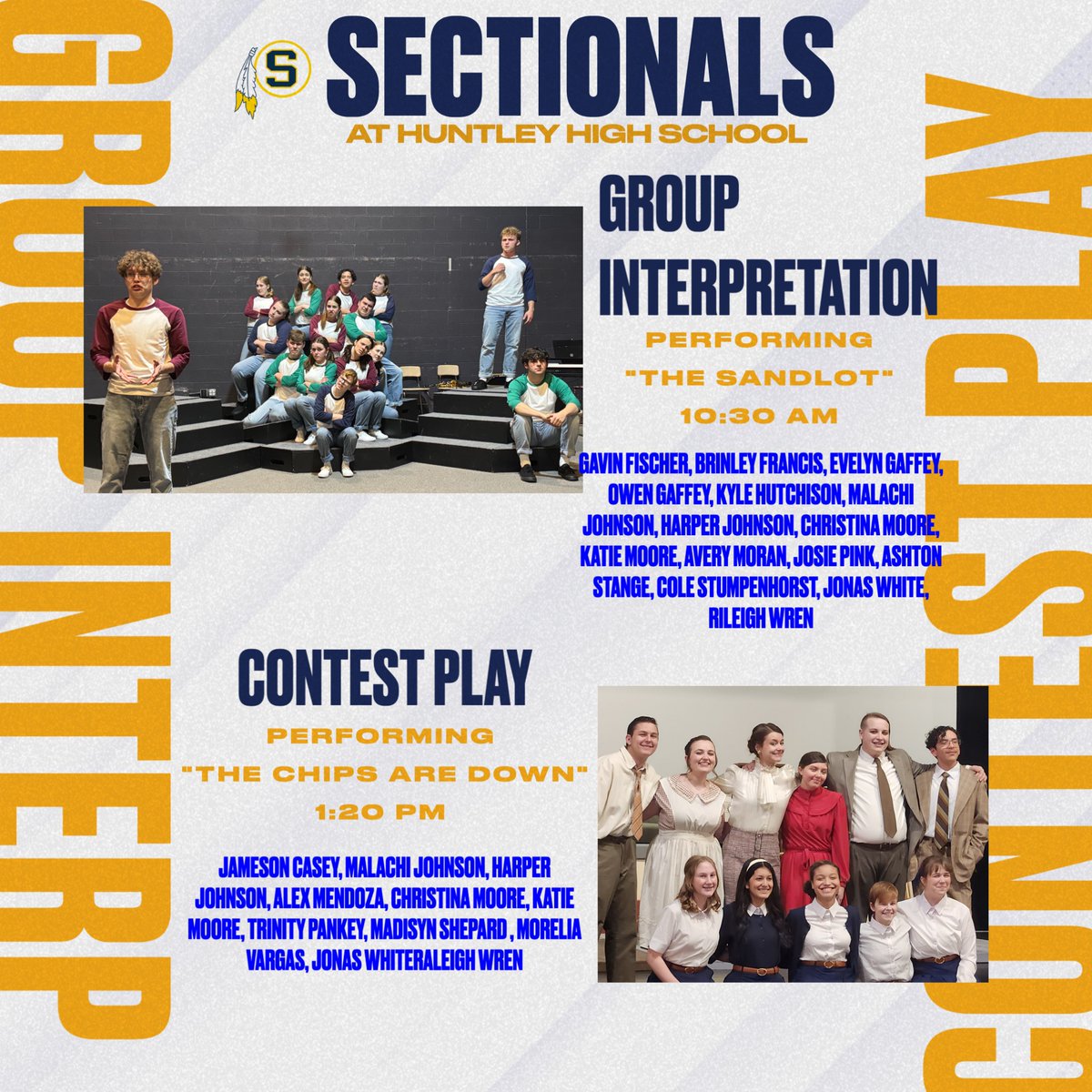 shs_gldnwarrior's tweet photo. 🎭 It’s #IHSA Sectional Day for SHS Group Interpretation and Contest Play!
✨ Group Interp performs "The Sandlot" at 10:30 AM
🎟️ Contest Play takes the stage with "The Chips Are Down" at 1:20 PM
#GOldenWARRIORS #BreakALeg #IHSASectionals 💛💙 https://t.co/eZ3w3FIIwW