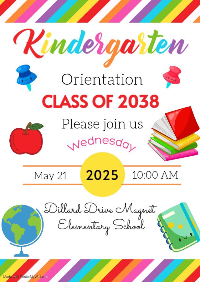 Kindergarten Orientation will take place on Wednesday, May 21st from 10-11 AM.  Join us to hear about what the Class of 2038 will be learning this upcoming academic year. #SOAR #GlobalStudies #GlobalLeaders #SpanishImmersion #Multilingual <a href="/rsykez/">Roxann Sykes, DDMES Principal</a> <a href="/MollyMo518/">Molly Montgomery</a> <a href="/jqjoyner1/">Jennifer J</a> <a href="/ddmespta/">Dillard Drive Elementary School PTA</a>