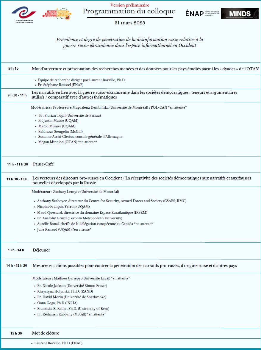 [SAVE THE DATE] Le 31 mars prochain, venez assister en présentiel ou en ligne au colloque organisé par Z.  Lemyre, S. Roussel et moi-même à l’<a href="/UMontreal/">Université de Montréal</a> (3744 Jean Brillant, de 9h15 à 15h30, heure de Montréal) portant sur la désinformation russe relative à la guerre 🇷🇺🇺🇦