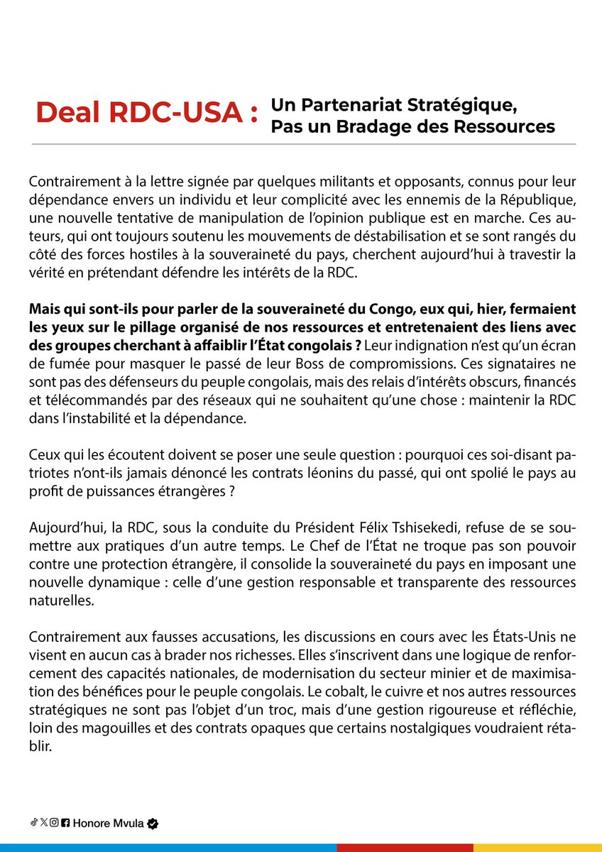 HonoreMvula1's tweet image. Ceux qui crient au scandale aujourd’hui sont ceux qui ont vendu la #RDC hier. Félix Tshisekedi ne troque pas les ressources du pays, il les protège. L’ère des deals obscurs est révolue ! Lisez ma tribune 👉 🇨🇩 #StopManipulation #Souveraineté