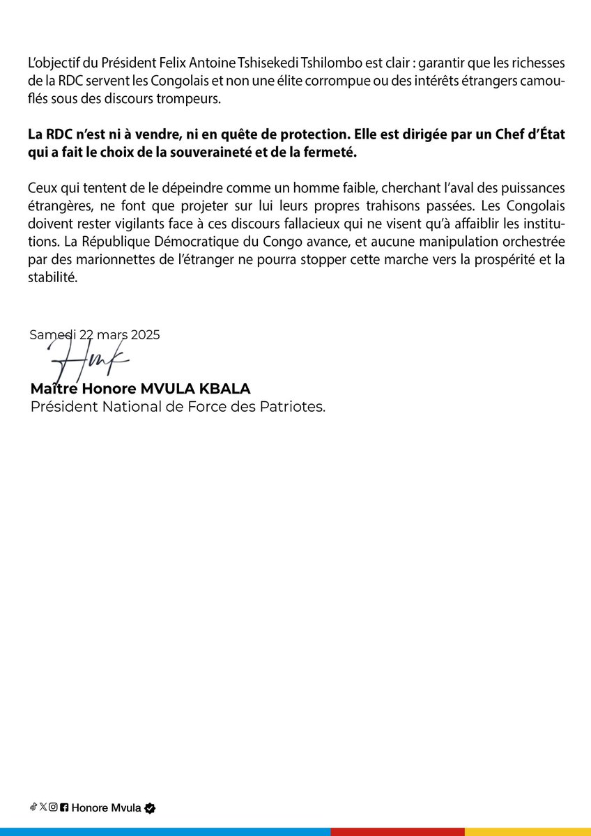 HonoreMvula1's tweet image. Ceux qui crient au scandale aujourd’hui sont ceux qui ont vendu la #RDC hier. Félix Tshisekedi ne troque pas les ressources du pays, il les protège. L’ère des deals obscurs est révolue ! Lisez ma tribune 👉 🇨🇩 #StopManipulation #Souveraineté