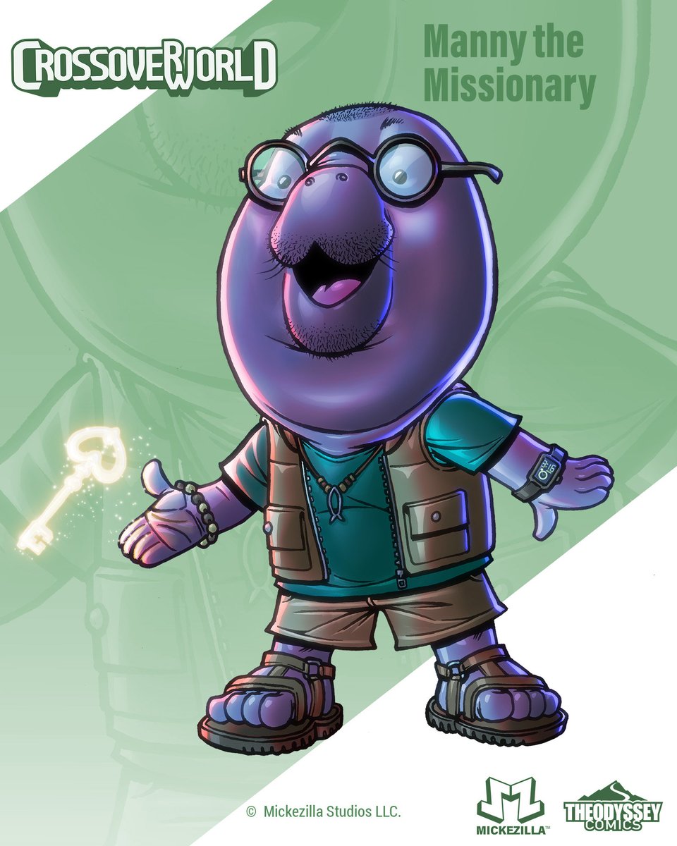 Mickezilla's tweet image. Manny the Missionary is a cool anthropomorphic manatee missionary who travels the all over CrossoverWorld helping folks in need and spreading the good news about the good shepherd. 
.
.
.
.
#CrossoverWorld #mickezilla #theodysseycomics #characterdesign #manatee #missionary
