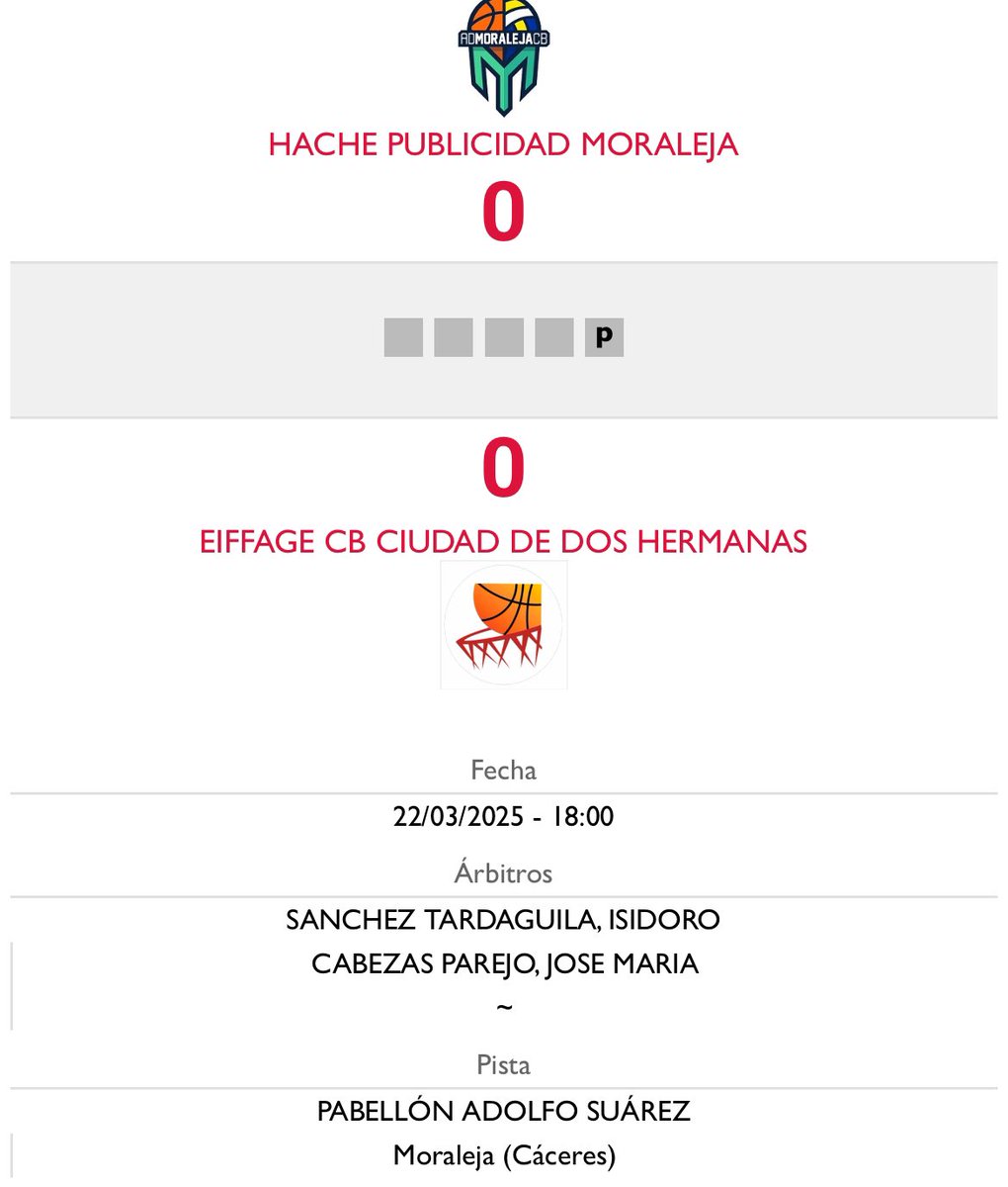 El Equipo Hache Publicidad Moraleja disputa una nueva jornada de baloncesto en Tercera FEB en el Adolfo Suárez. El encuentro será ante un duro y complicado Eiffage CB Ciudad Dos Hermanas.
En el partido de Ida el triunfo fue para el equipo andaluz por 81-74. Juegan Blancas🏀🍀