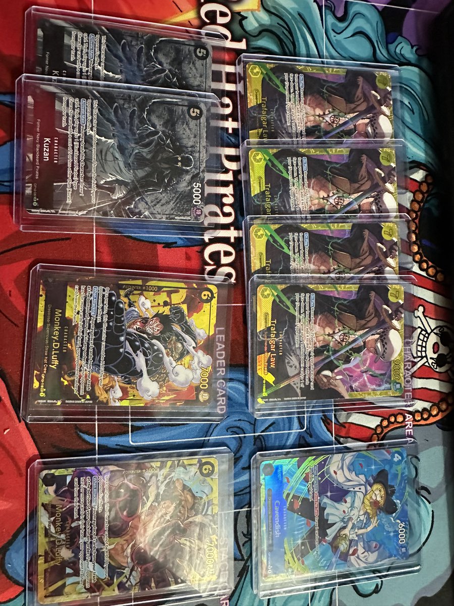 We opened 80 Sleeve packs of OP10 recently on live stream. For those that missed it, here were the pulls. I’d say for OP10 there’s more value in buying booster boxes over sleeves. 
Do with that information what you will. 
#OnePiece #OnePieceTCG #OnePieceCardGame