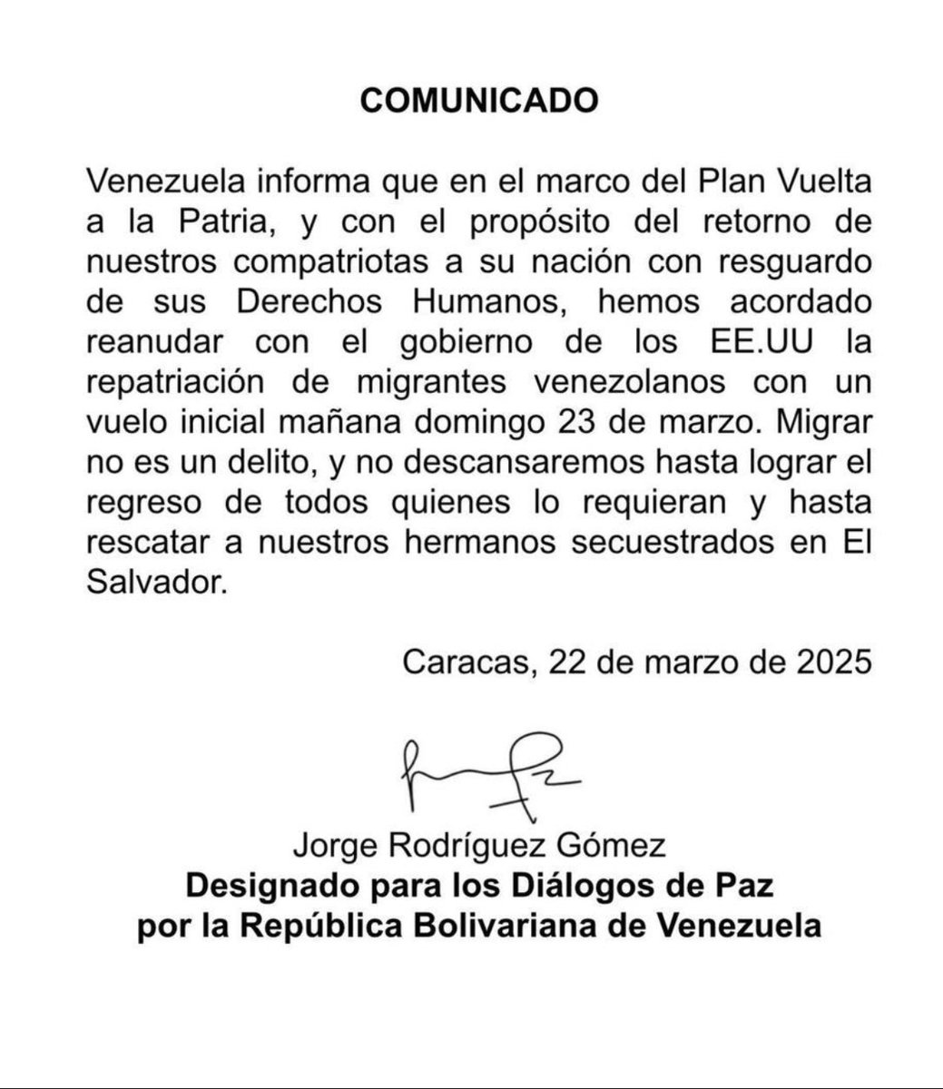 ‼️ COMUNICADO ‼️

Venezuela informa que se ha acordado reanudar  con el gobierno de los EEUU la repatriación de venezolanos.