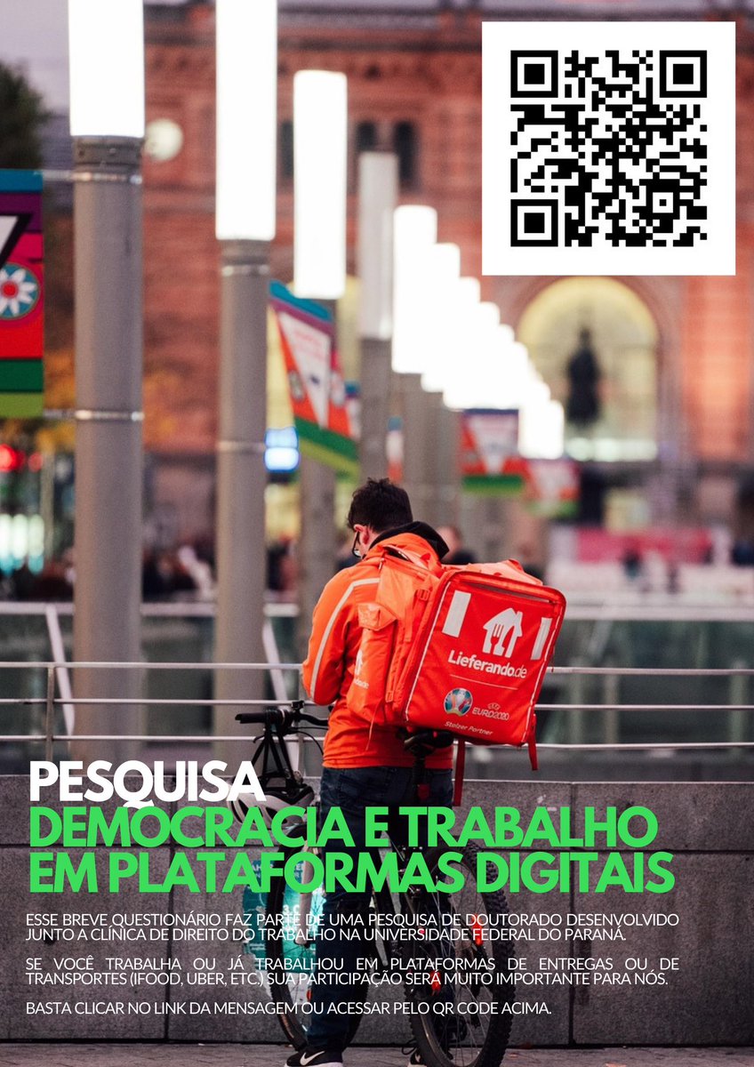 Bom dia, meus amigos!

Se alguém conhecer pessoas que trabalham ou já trabalharam em aplicativos como UBER ou IFood e puder encaminhar o link desse rápido questionário, vai ajudar muito a minha pesquisa de doutorado.

Segue o link para resposta: forms.gle/DoNpDqiJd6TJ8A…