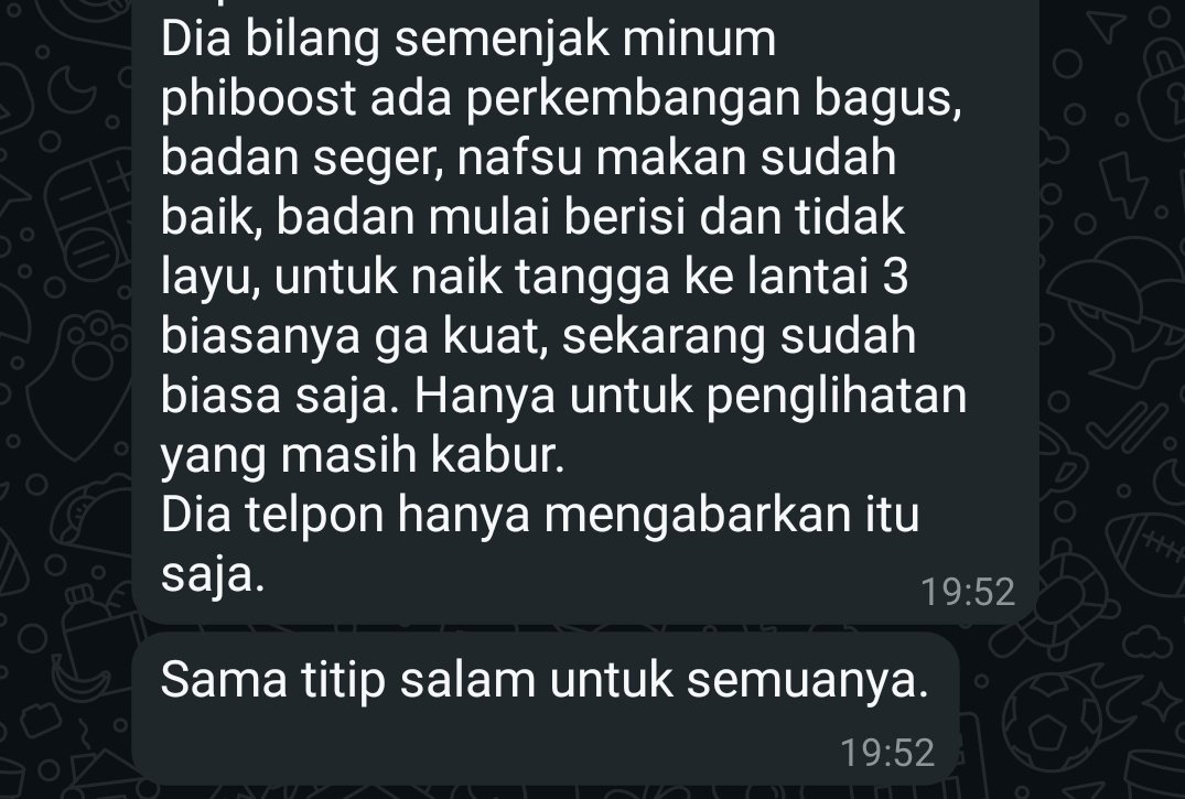 picoez's tweet photo. Dikabari sama Mbib @toniheru kalo ada yang konsumsi #phiboost trus kondisinya membaik, aku udah gembira banget, apalagi dapet tambahan THR dari Masyai @edi_akhiles yang lagi banyak duit hasil dari jual mobil, makin gembiralah aku.
Mudah²an segera pulih, njih.
Aamiin https://t.co/8G9gbUU2Wa