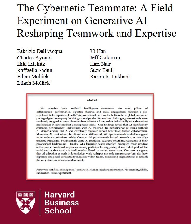🚨in our new paper we ran an experiment at Procter and Gamble with 776 experienced professionals solving real business problems.

We found that individuals randomly assiged to use AI did as well as teams of two people and were happier as well. Lots more in the link in the reply!