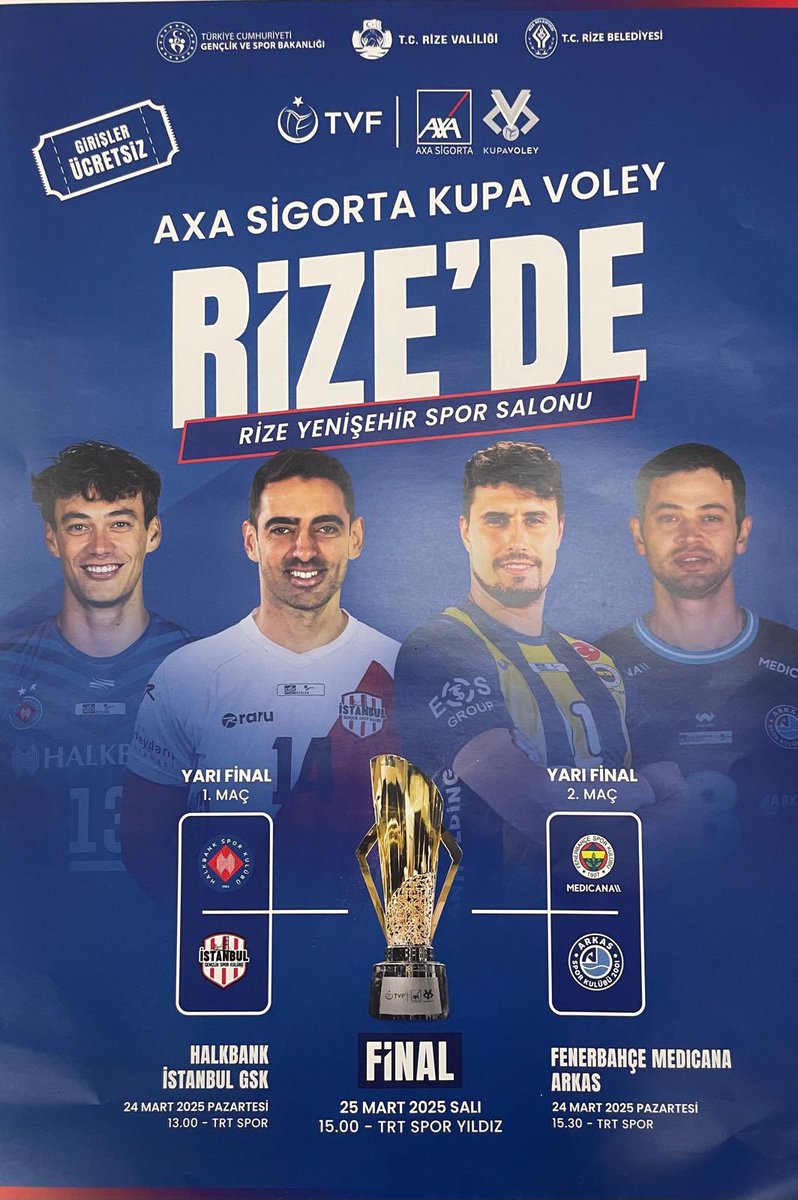🏐Filenin Efeleri, Şampiyonluk için Rize'de Parkeye Çıkıyor...

2025 Erkekler AXA Sigorta Kupa Voley Dörtlü Finali, 24-25 Mart tarihlerinde Rize’de düzenlenecek.

📍Yenişehir Kapalı Spor Salonu’nda oynanacak karşılaşmaların programı şöyle:

🏐 Yarı Finaller (24 Mart Pazartesi)
📌