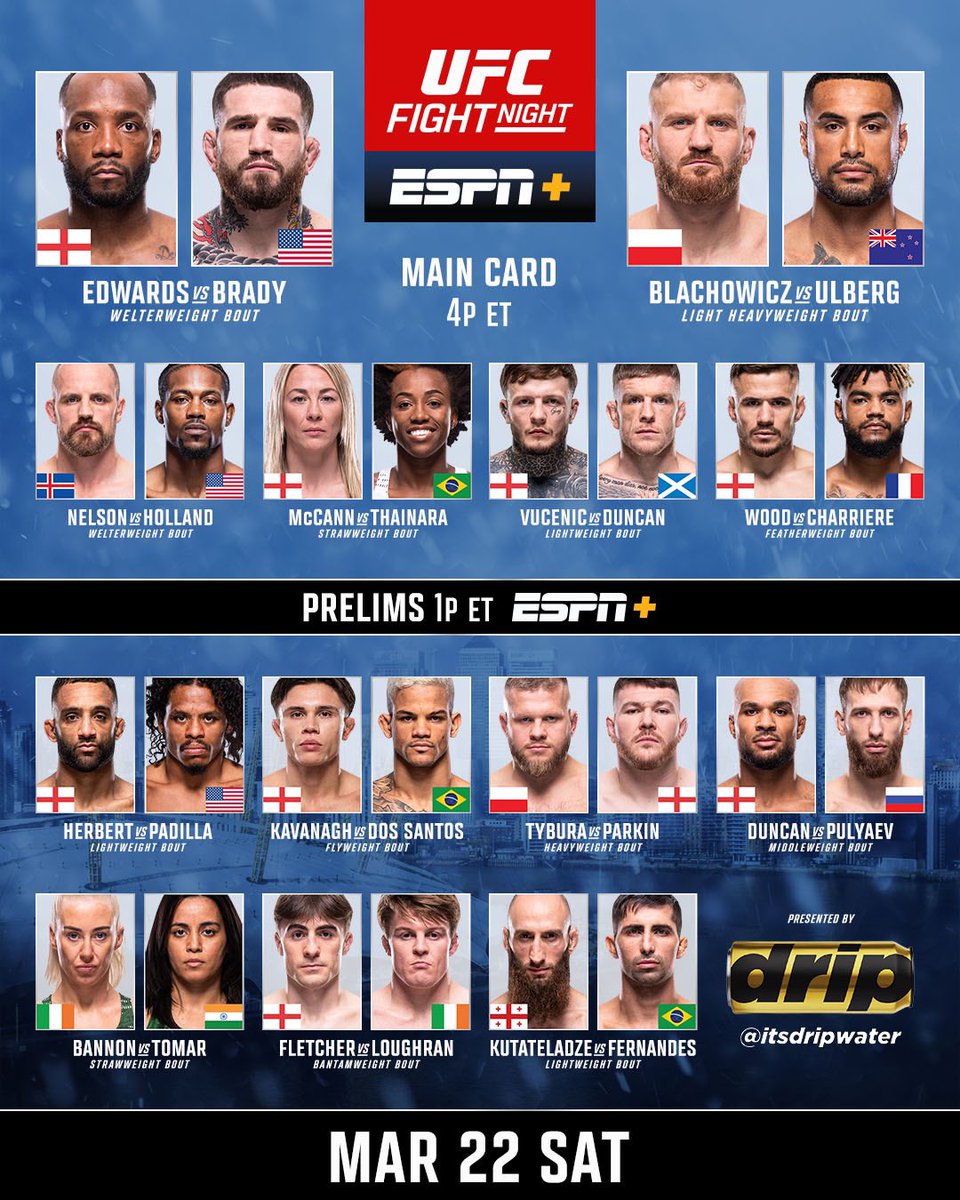 Spend your Saturday with us! 💥

[ #UFCLondon is LIVE on ESPN+ | 4pmET | B2YB <a href="/ItsDripWater/">Drip - Water Isn’t Boring!💧</a> ]