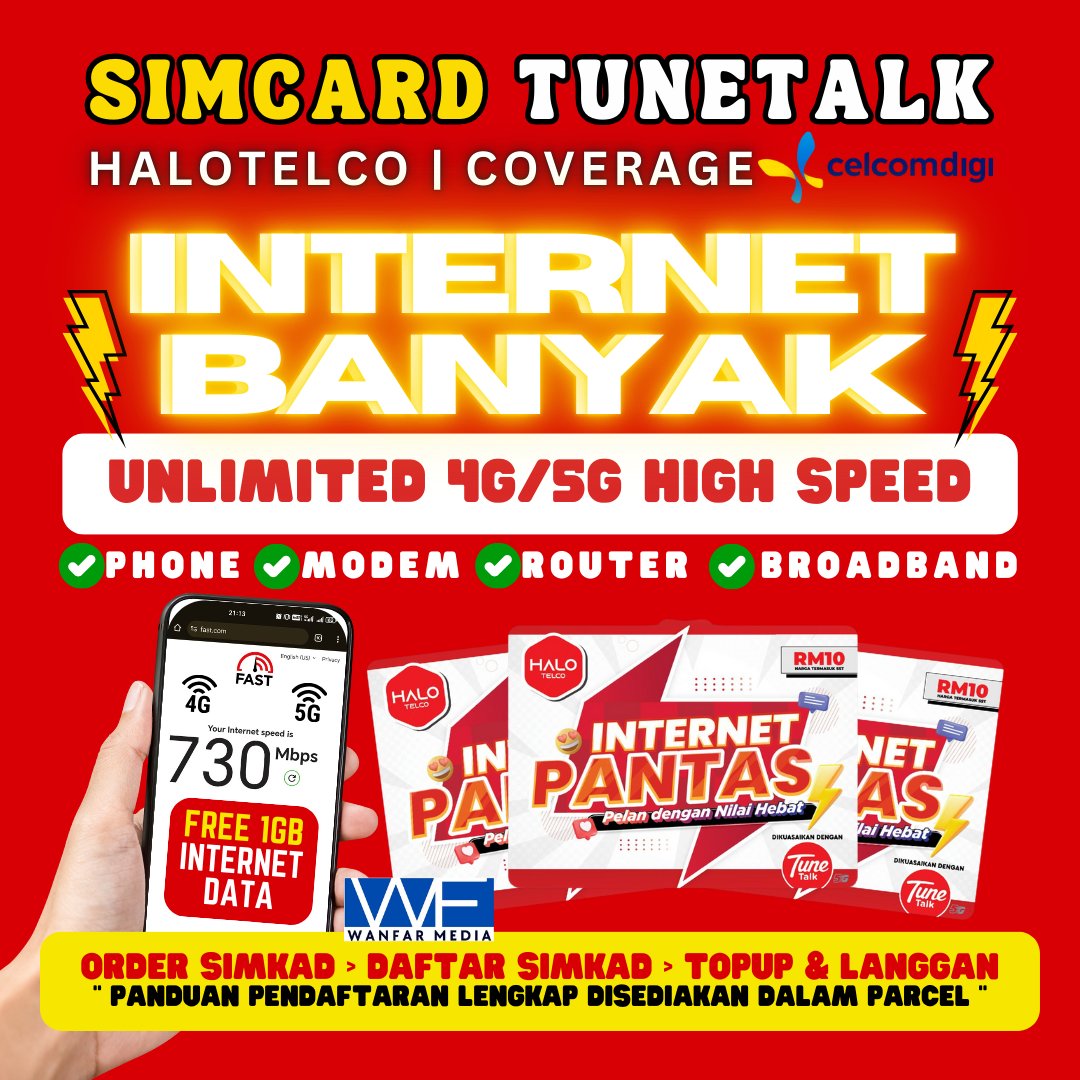 PROMOSI SIMKAD LAJU
👉RM50 Sebulan 350GB
👉Unlimited Hotspot &amp; Uncapped Speed
📌Unlimited Call All Network
📌Coverage Celcom Digi 5G 4G

⦿Prepaid topup langgan
⦿Blacklist line boleh daftar
⦿Tiada kontrak telco

FREE PERCUMA SIM CARD HALO TELCO TUNE TALK
shopee.com.my/product/219306…