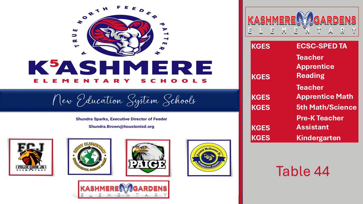 We are hiring <a href="/KGESFineArts/">Kashmere Gardens Fine Arts Magnet ES</a>! Come see us at the Delmar Stadium!!